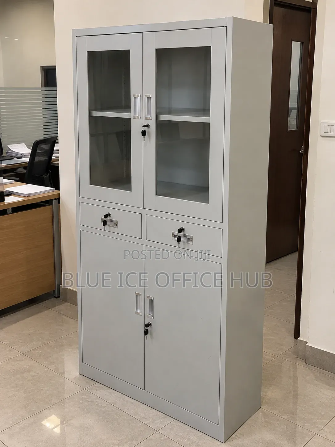 Metallic Office Cabinet With Glass Doors and Drawers – Storage