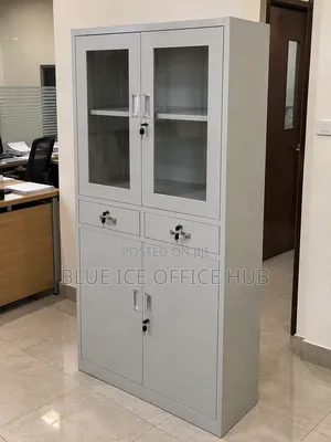 Metallic Office Cabinet With Glass Doors and Drawers – Storage
