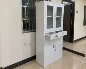 Metallic Office Cabinet With Glass Doors and Drawers – Storage