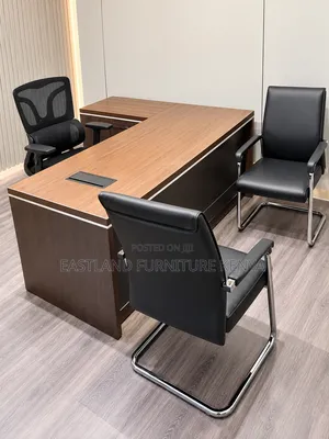 Modern L-Shaped Executive Office Desk With 3 Black Leather Visitor