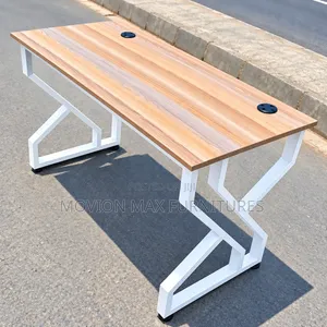Modern Wooden Office Desk With White Geometric Metal