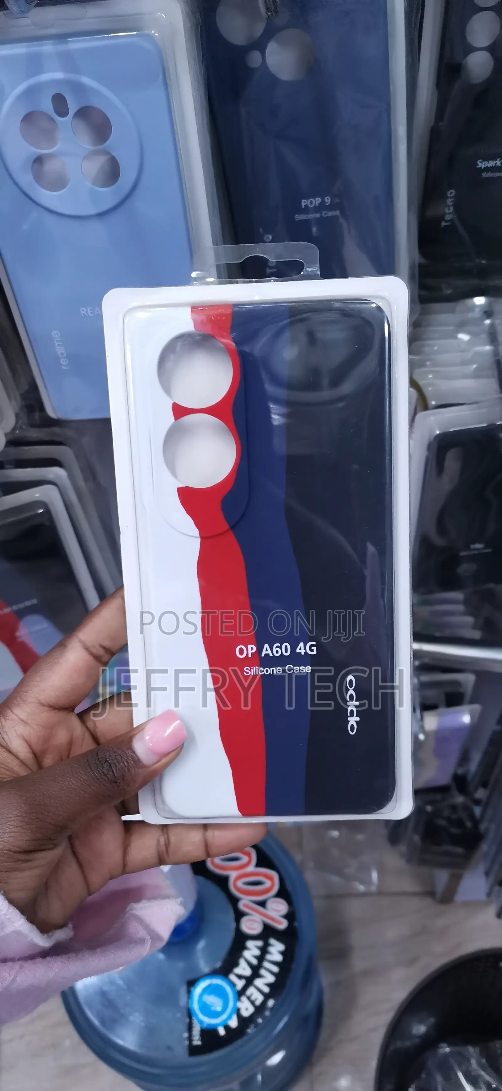 OPPO A60 4G Soft Case a White, Red, and Navy Blue Stripe Design.