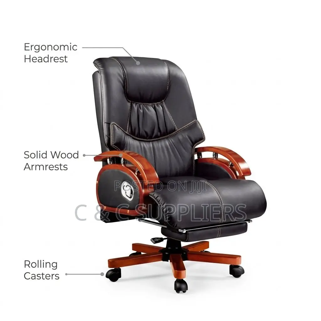 Leather Reclining CEO Chair-Mahogany Armrest.