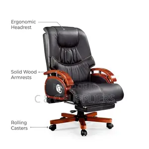 Leather Reclining CEO Chair-Mahogany Armrest.