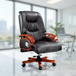 Leather Reclining CEO Chair-Mahogany Armrest.