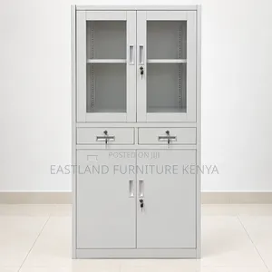 Title: Premium Steel Office Cabinet With Glass Doors, Lockable Drawers