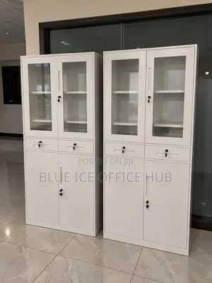 White Office Cabinet With Glass Doors and Lockable Storage