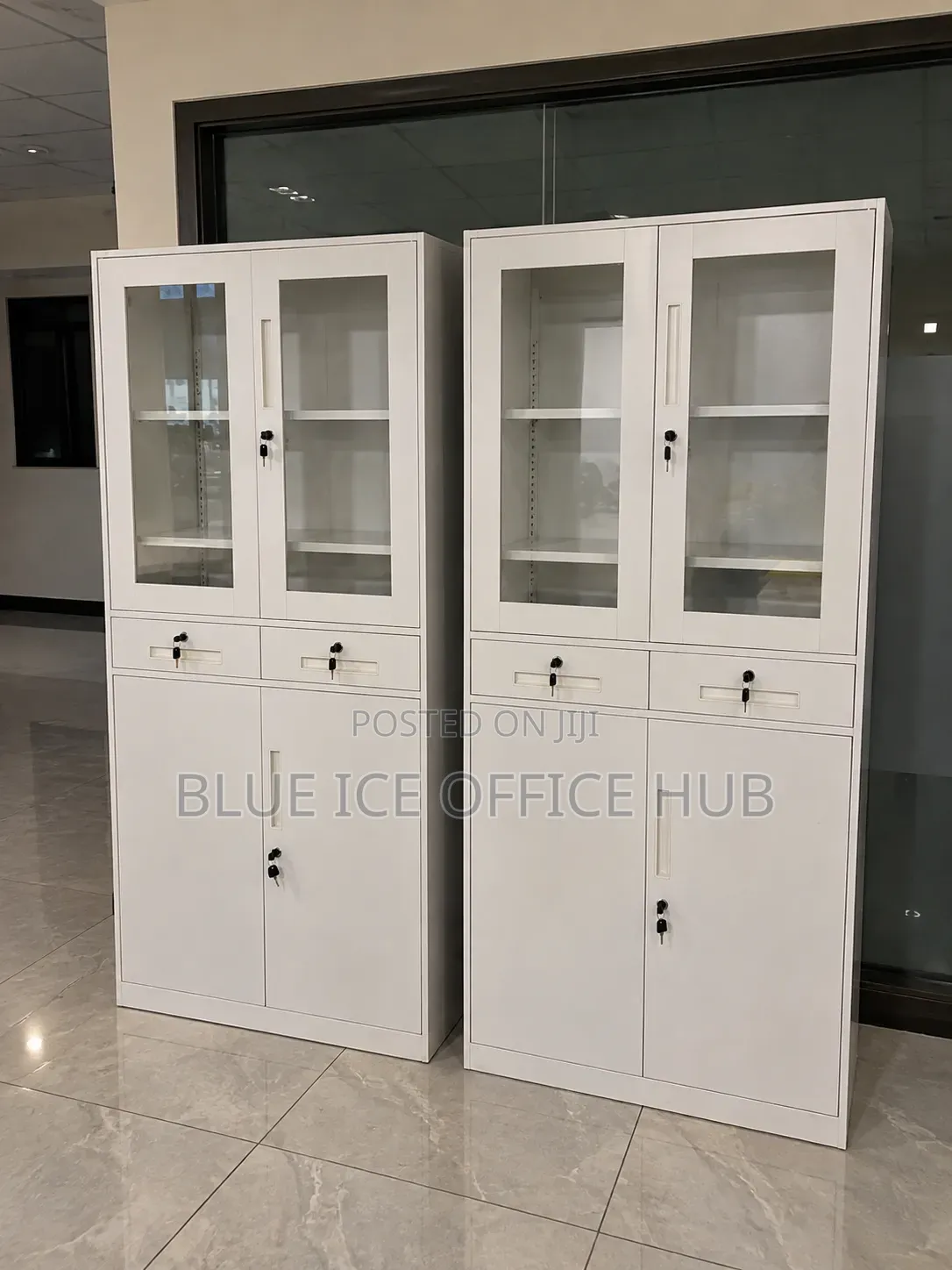 White Office Cabinet With Glass Doors and Lockable Storage