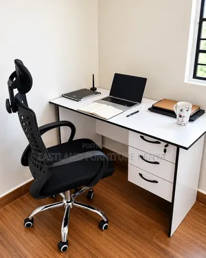 Modern White Office Desk With 3 Drawers and Ergonomic Black Office