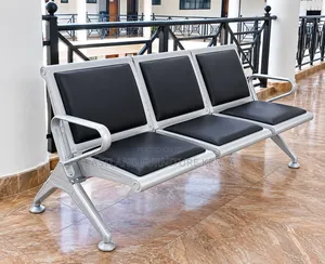 Modern 3-Seater Airport Waiting Bench With Black Cushions and Silver