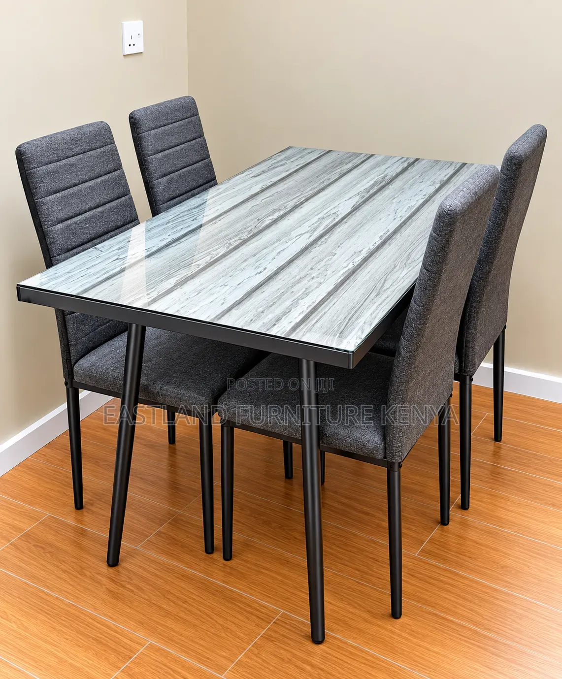 Modern 4-Seater Dining Table Set With Grey Upholstered Chairs