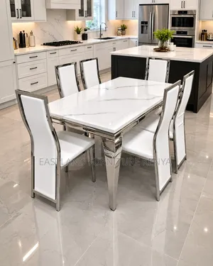 Modern White Marble Dining Table Set With 6 Stainless Steel Chairs