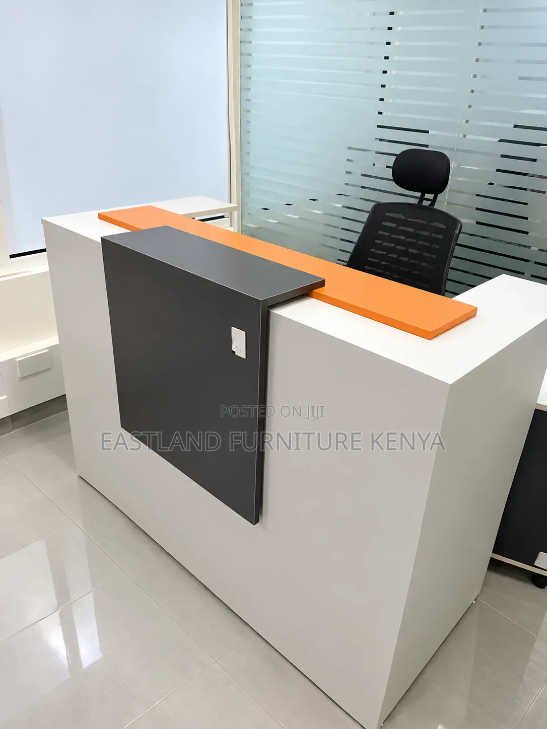 Modern Reception Desk With White, Grey and Orange Finish – Stylish