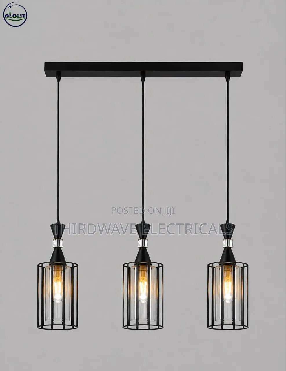 Modern 3-Light Black Metal Cage Pendant Chandelier With Glass Shades