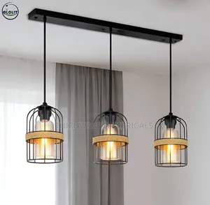 3-Light Black Metal Cage and Rope Pendant Light Fixture