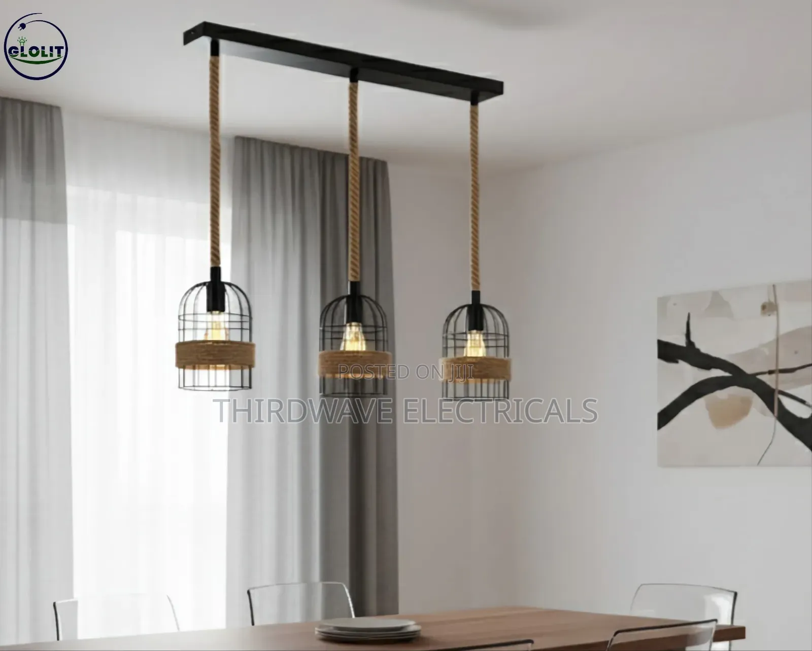 3-Light Vintage Industrial Hemp Rope Birdcage Chandelier
