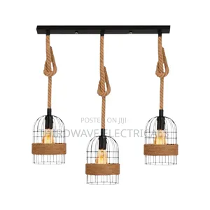 Modern 3-Light Vintage Hemp Rope Birdcage Pendant Chandelier H9