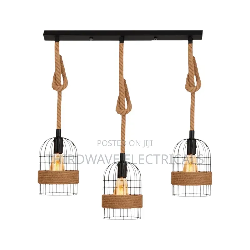 Modern 3-Light Vintage Hemp Rope Birdcage Pendant Chandelier H9