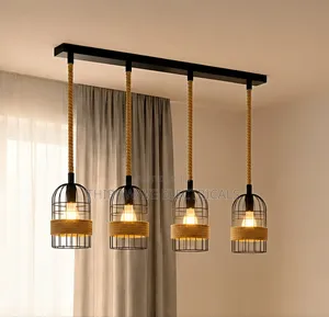 New 4-Light Vintage Industrial Hemp Rope Pendant Chandelier Light A7j