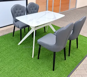 Modern White Marble Dining Table Set With 4 Grey Upholstered Chairs