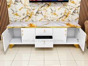 Luxury White and Gold Marble TV Stand With Storage Cabinets and Drawer