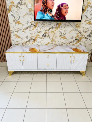 Luxury White and Gold Marble TV Stand With 4 Cabinets and 2 Drawer