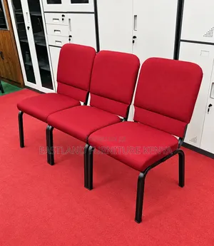 Red Waiting Bench With Padded Seats and Black Metal Frame