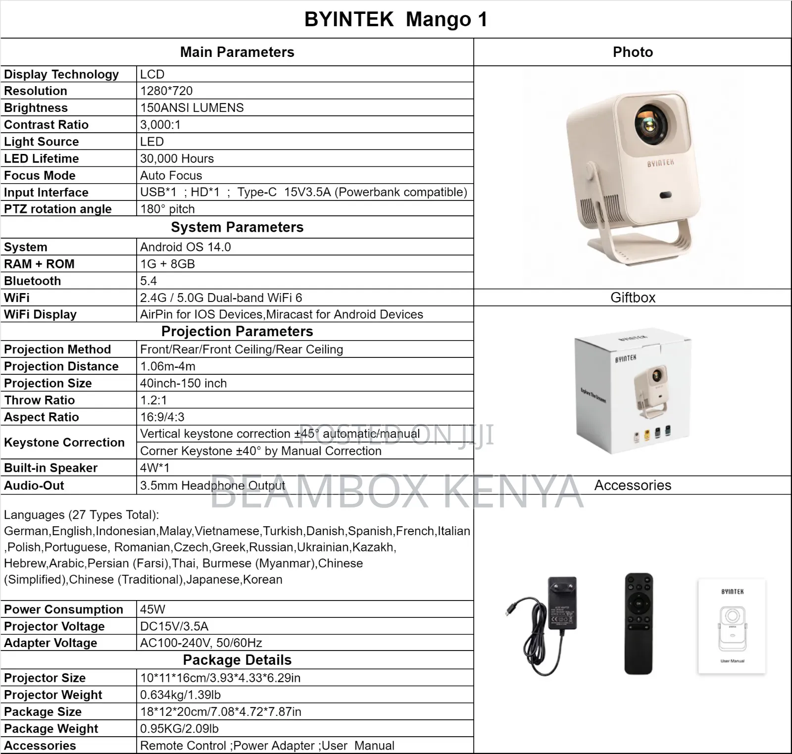 BYINTEK Mango 1 Projector 720P HP Beam Box Kenya