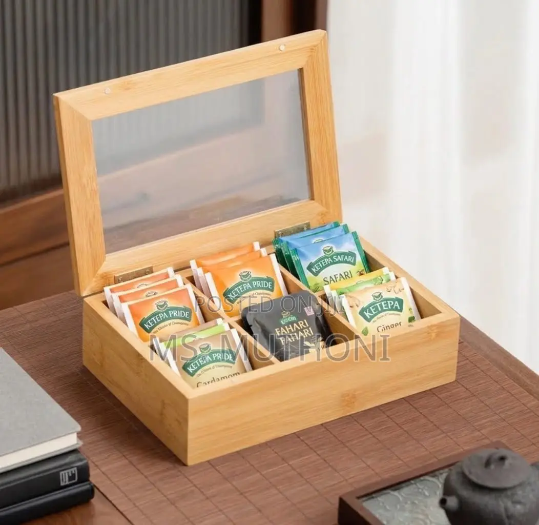 6 - Section Bamboo Teabag Organizer Box With Clear Lid