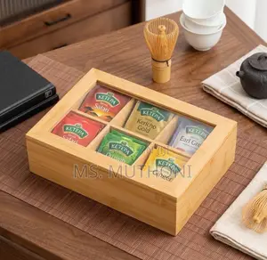 6 - Section Bamboo Teabag Organizer Box With Clear Lid