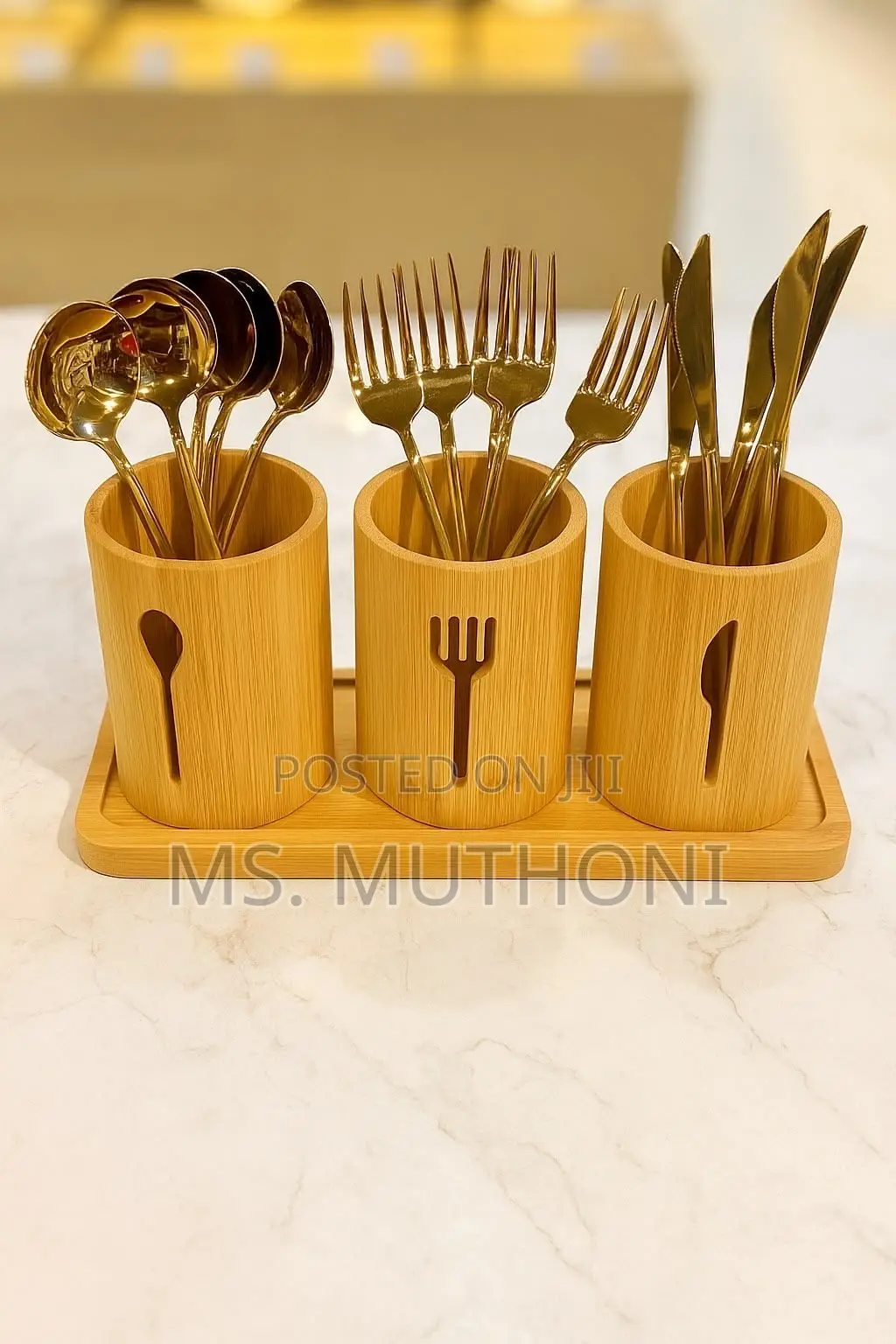 3-Cup Bamboo Countertop Utensil Organizer Caddy