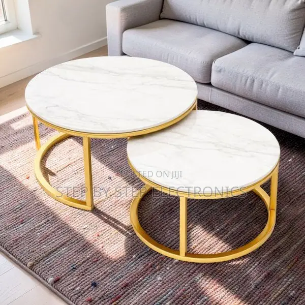 Modern Interior Marble Nesting Coffee Table Set With Gold Metal Frame