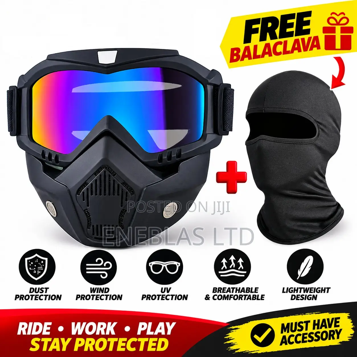 Motorcycle Goggles & Face Mask + FREE Balaclava – Black