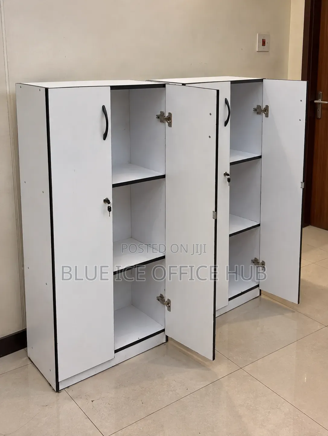 White MDF Office Cabinet With Shelves – Lockable Storage Cupboard.