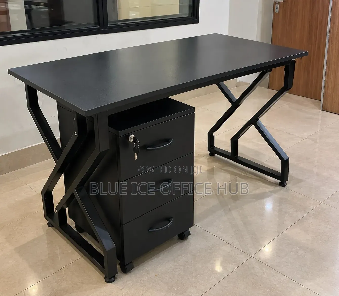 Black Office Desk With 3 Drawer Mobile Cabinet – Modern Computer Table
