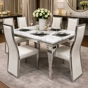 Silver Dining Table Set, Marble Top