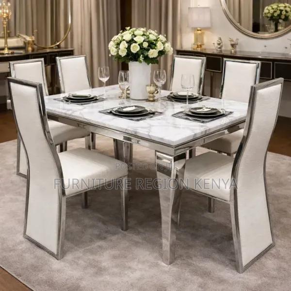 Silver Dining Table Set, Marble Top