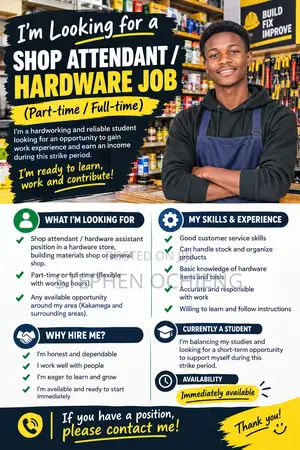 Looking for Shop Attendant Jobs in Kakamega or Kisumu.