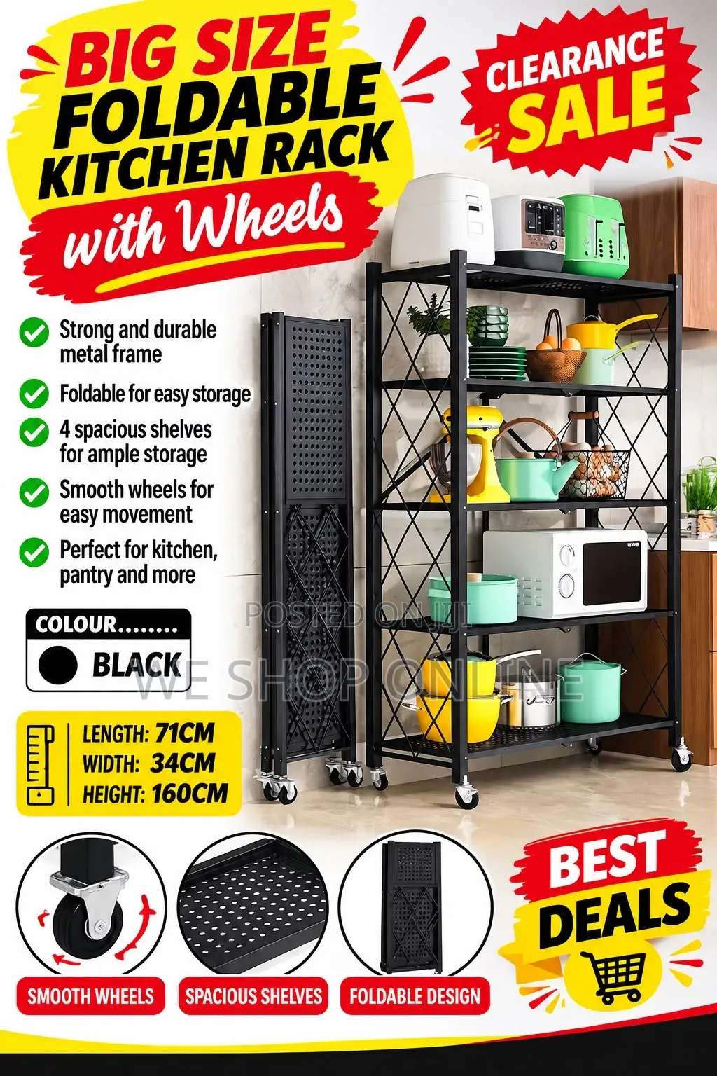 Big Size Foldable Kitchen Rack With Wheels