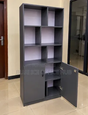 Office Bookshelf With Storage Cupboard – Grey MDF Cabinet