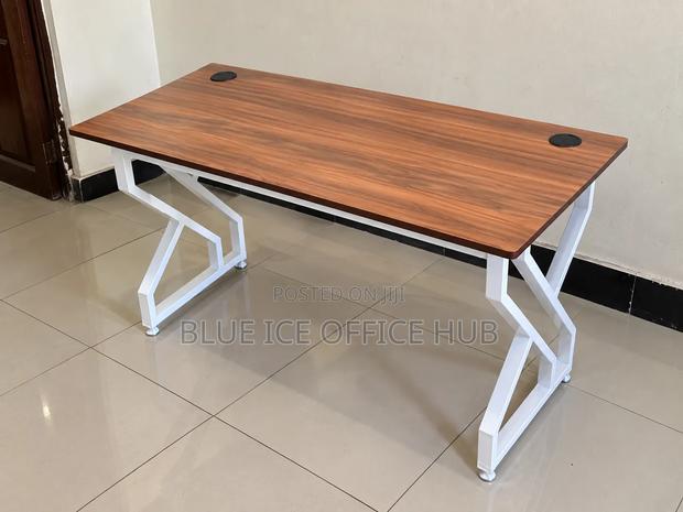Brown Office Desk With White Metal Frame – Modern Computer Table - thumbnail 4