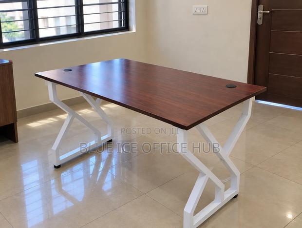 Brown Office Desk With White Metal Frame – Modern Computer Table - thumbnail 6