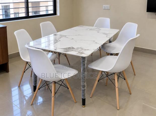 White Dining Table Set With 6 Eames Chairs – Floral Marble Top - thumbnail 5