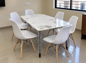 White Dining Table Set With 6 Eames Chairs – Floral Marble Top