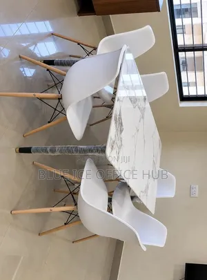 White Dining Table Set With 6 Eames Chairs – Floral Marble Top