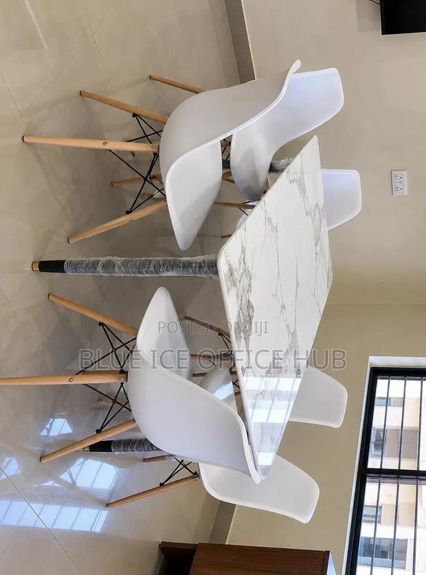 White Dining Table Set With 6 Eames Chairs – Floral Marble Top - thumbnail 3