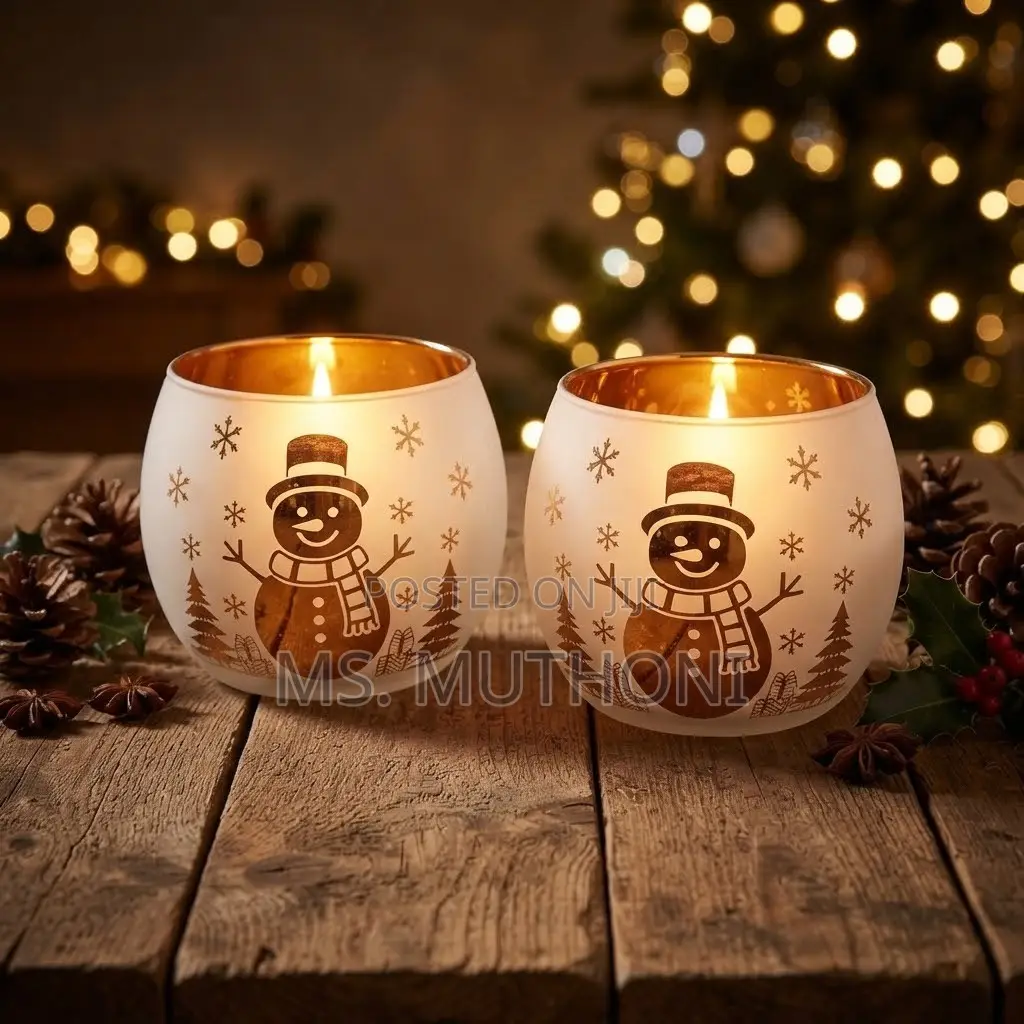 Festive 2-Piece Frosted Snowman Tealight Candle Holder Set