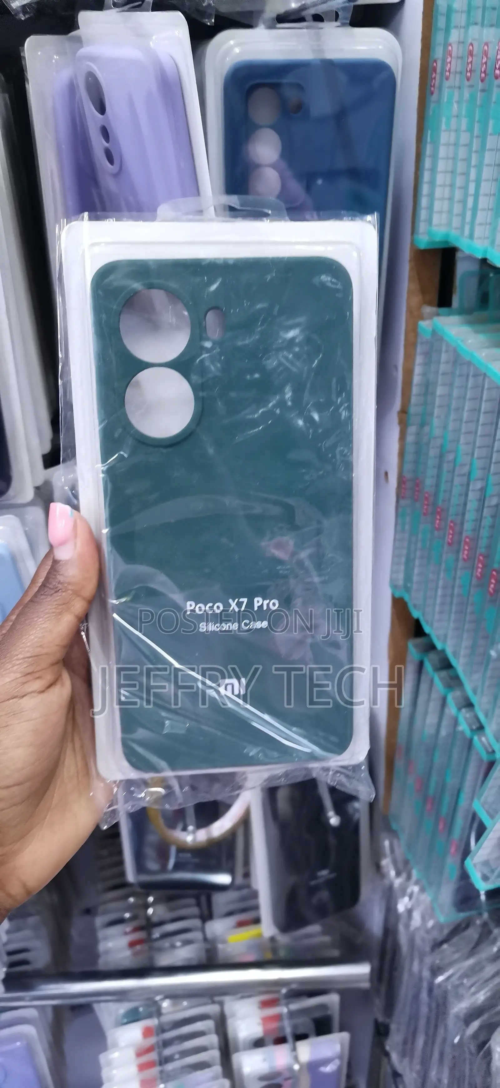 Dark Green Poco X7 Pro Silicone Case Packaged in a Transparent Retail