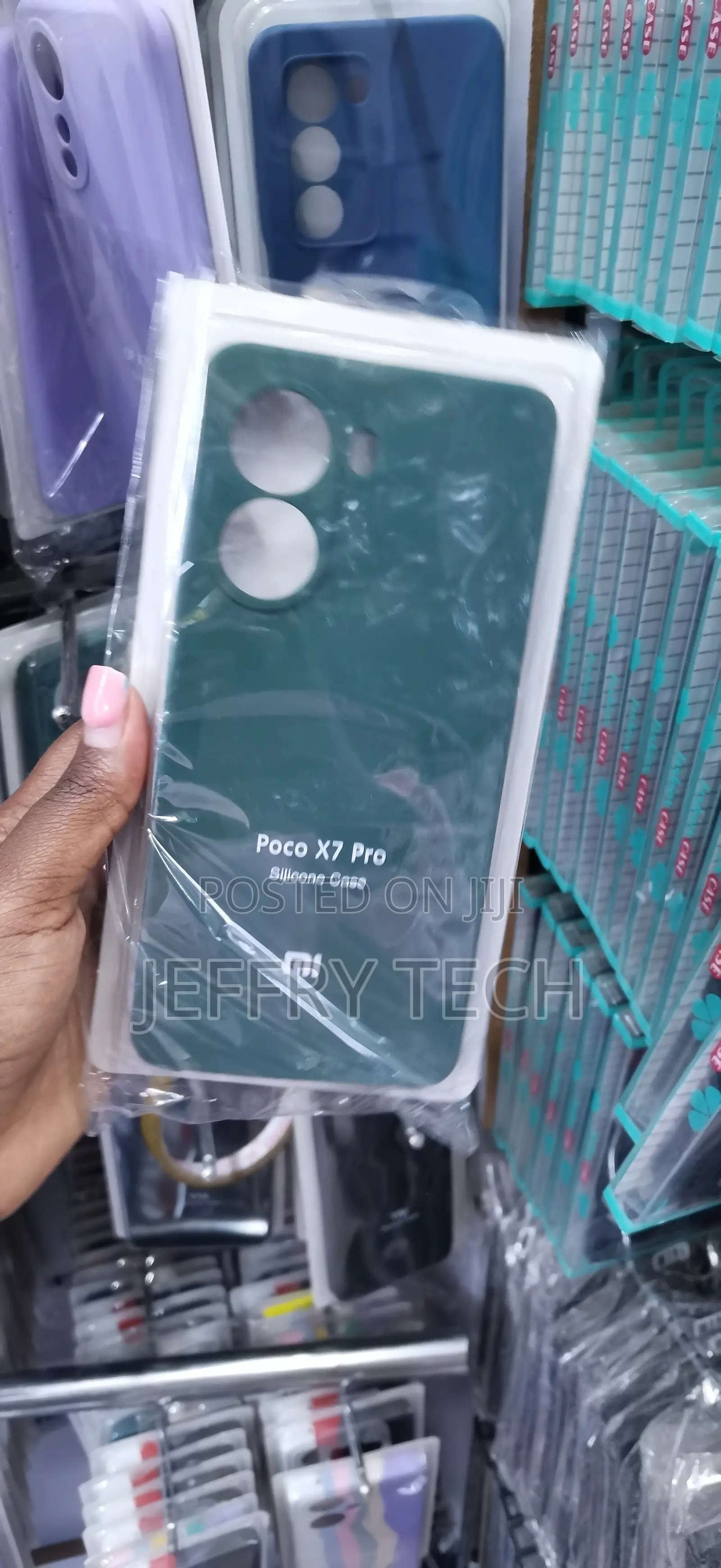 Dark Green Poco X7 Pro Silicone Case Packaged in a Transparent Retail