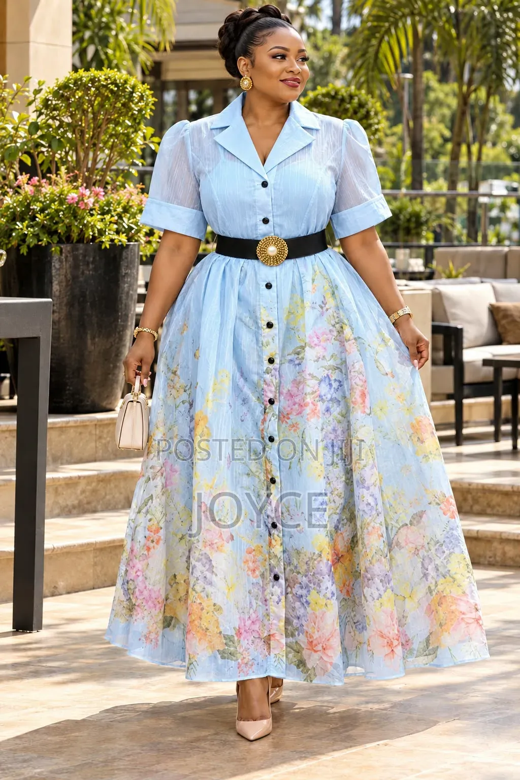 Flowered Open Buttons Dress
